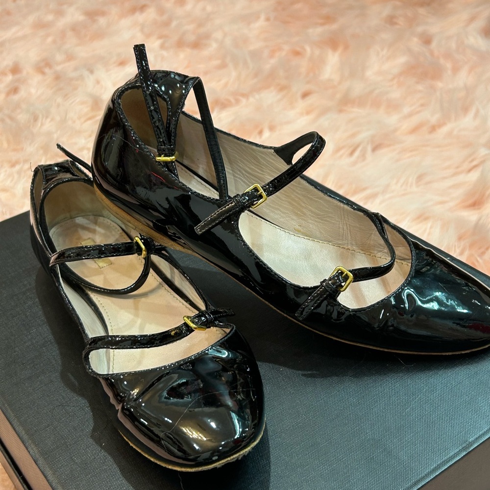 Miu Miu Black Patent Leather Flats with Ankle Straps